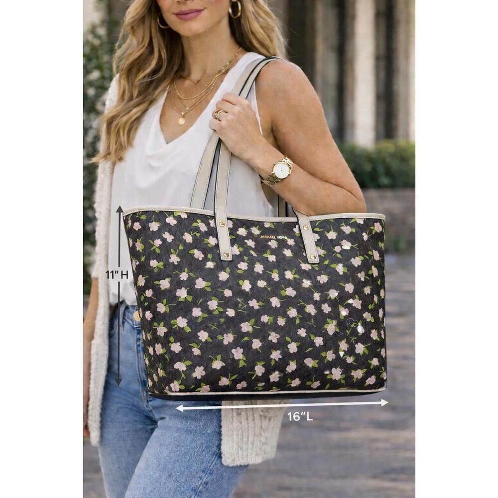 Michael Kors Carter Large Signature Black and Floral Print Tote Bag